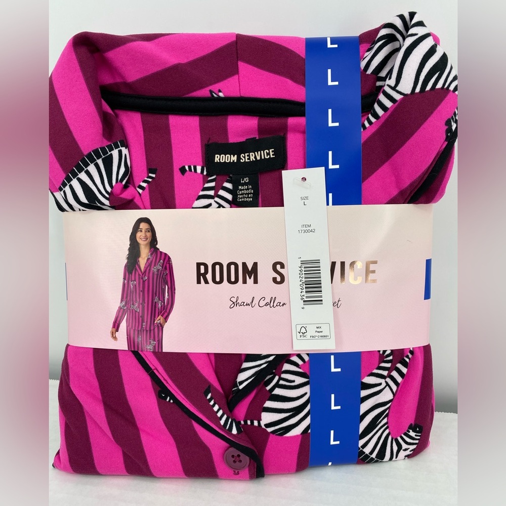 Room Service Pajama Set Pink Zebra Print Striped L - Picture 5 of 10
